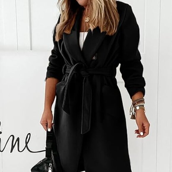 Jackets & Blazers - Women Double Breasted Wool Blend Notched Lapel Belted Peacoat Mid Long Coat Sz M